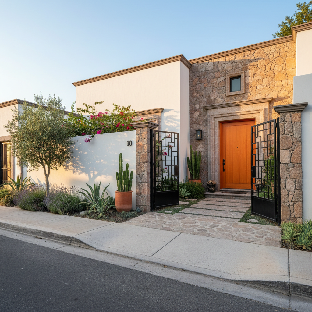 An elegant, well-maintained Mexican house exterior captured from the street at a slight angle, emphasizing its curb appeal. The facade combines smooth white stucco with warm stone accents and a modern black metal gate, while a bright orange front door adds a confident, distinctive touch. Lush, manicured greenery lines the entrance pathway and a small, neat front garden softens the architecture. Golden hour sunlight bathes the house, casting long, inviting shadows and bringing out the textures of the materials. Photographic realism with a wide-angle lens and sharp focus throughout, creating a professional, trustworthy atmosphere suitable for a real estate website focused on selling homes.